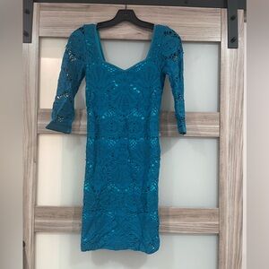 Blue Sheath Dress with Sweetheart Neckline and 3/4 Sleeves